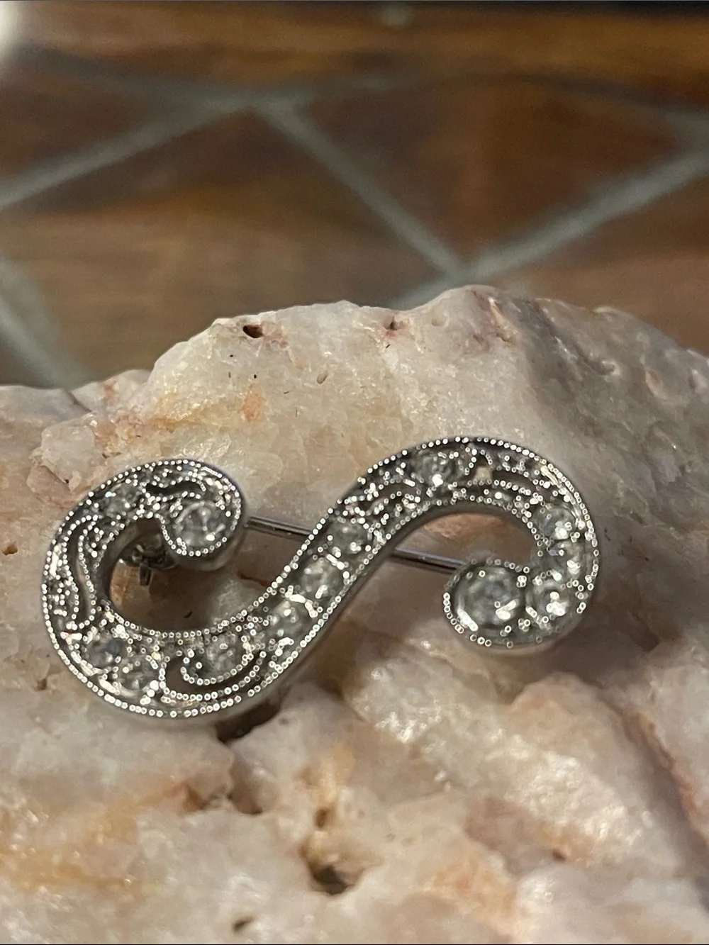 Monet Silver-Tone 'S' Brooch with Clear Crystals